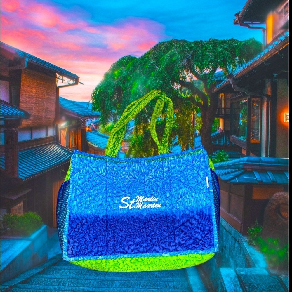 Beautiful zipper bag/sarong/scrunchy from St Maarten. Lime grn/Ocean blues.